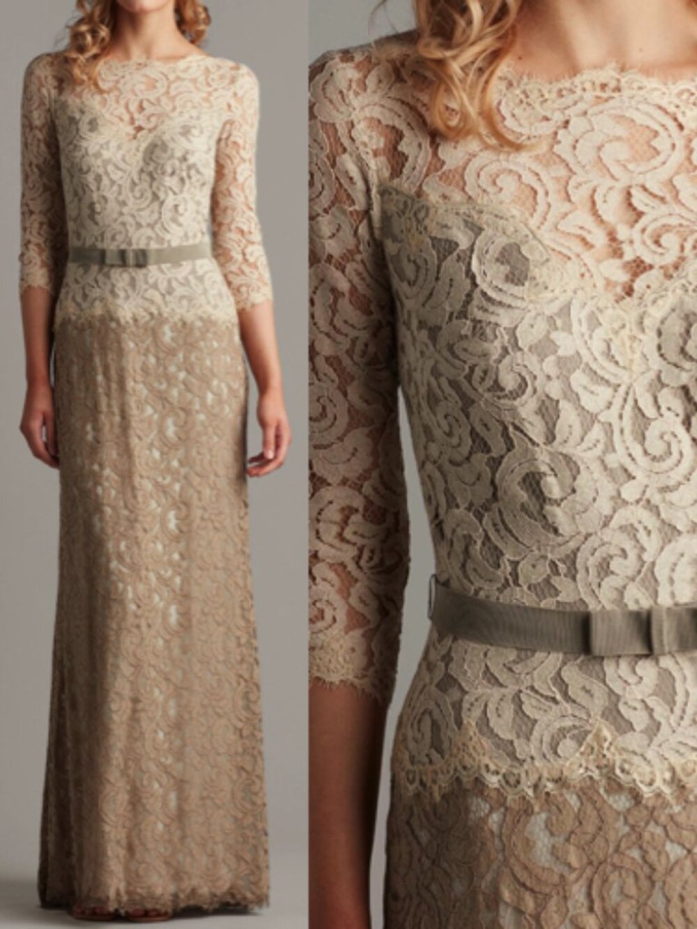 NWT TADASHI SHOJI AMBERLY BELTED LACE SLEEVE GOWN DRESS ACZ1224L latte pumice 8